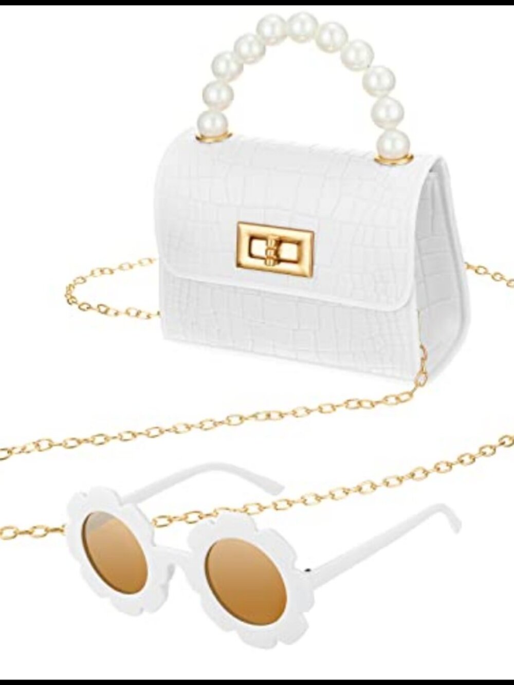 Girls Mini Crossbody Purse Set with Flower Sunglasses PVC Gold Chain
